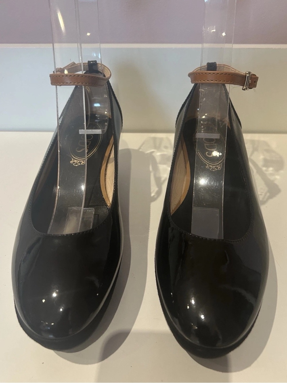 Tod's Black Patent Wedges with Tan Ankle Strap